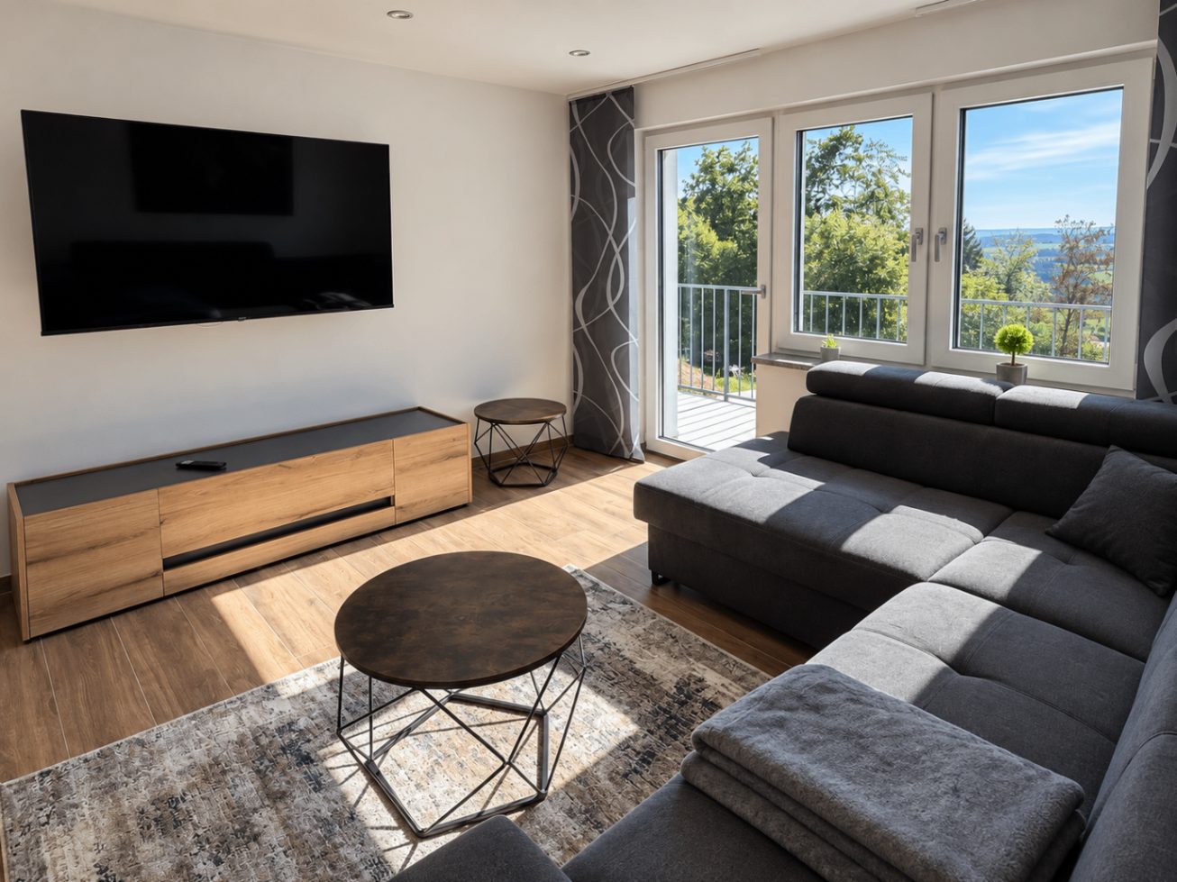 Wohnbereich der Ferienwohnung Liserl in Lalling mit Ecksofa, Smart-TV und Bergblick
